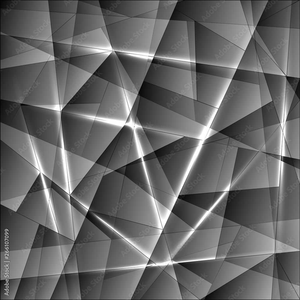 Exclusive monochrome pattern of chaotic black and white glass fragments with highlights on the edges of silver plates. Exclusive monochrome pattern of chaotic black and white glass fragments with highlights on the edges of silver plates.