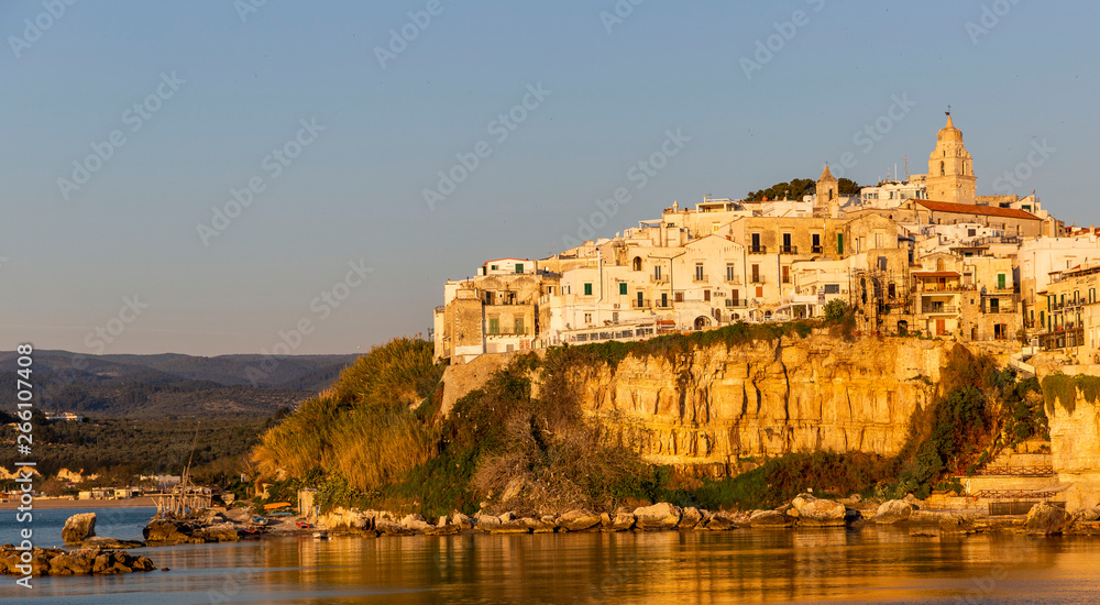 Sunrise view of Vieste and cathedral in Apulian Romanesque style, Italy