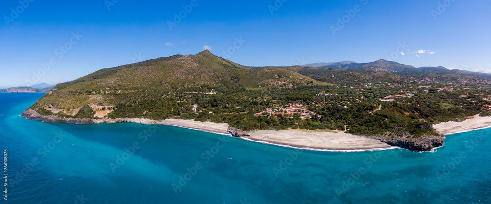 Aerial view of Capogrosso beaches near Marina di Camerota, Italy