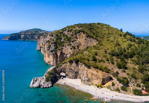 Aerial view of Palinuro coast and natural arch, Italy