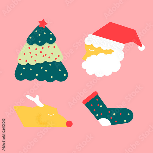 flat design of christmas elements, santa claus, pine tree and reindeer, idea for gift wrapping paper and decoration