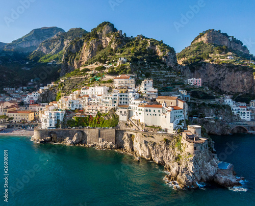 Aerial view of Amalfi town and Saracen Tower, Italy