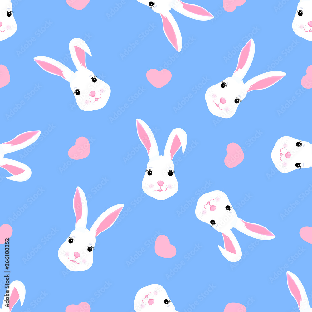 Trendy childish seamless pattern with cute Easter rabbit and hearts. Can be used for the decoration of the nursery, children's clothing, kids accessories, gift wrapping, digital paper. Trendy childish seamless pattern with cute Easter rabbit and hearts. Can be used for the decoration of the nursery, children's clothing, kids accessories, gift wrapping, digital paper.
