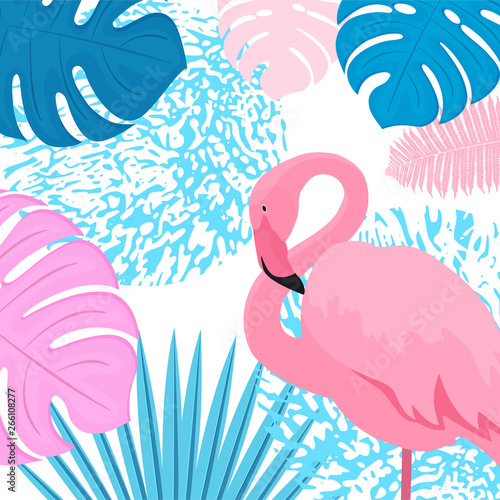 Pink flamingo2. Trendy tropical design. Leaves of palm, monstera, fern