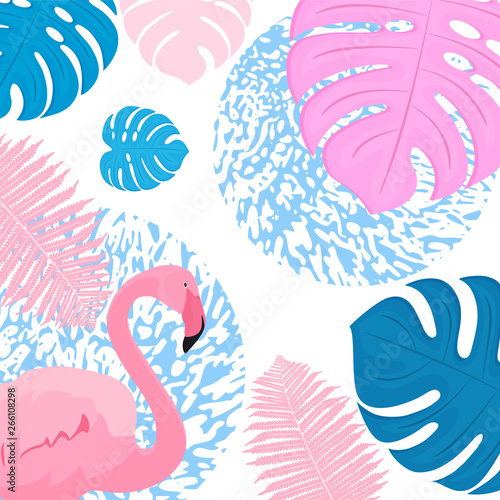 Pink flamingo3. Trendy tropical design. Leaves of palm, monstera, fern
