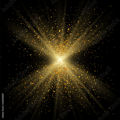 Gold sparkle on black background. Golden light glitter, confetti texture decoration. Shiny abstract design Christmas holiday, Happy New Year celebration. Glow sund shimmer dust. Vector illustration
