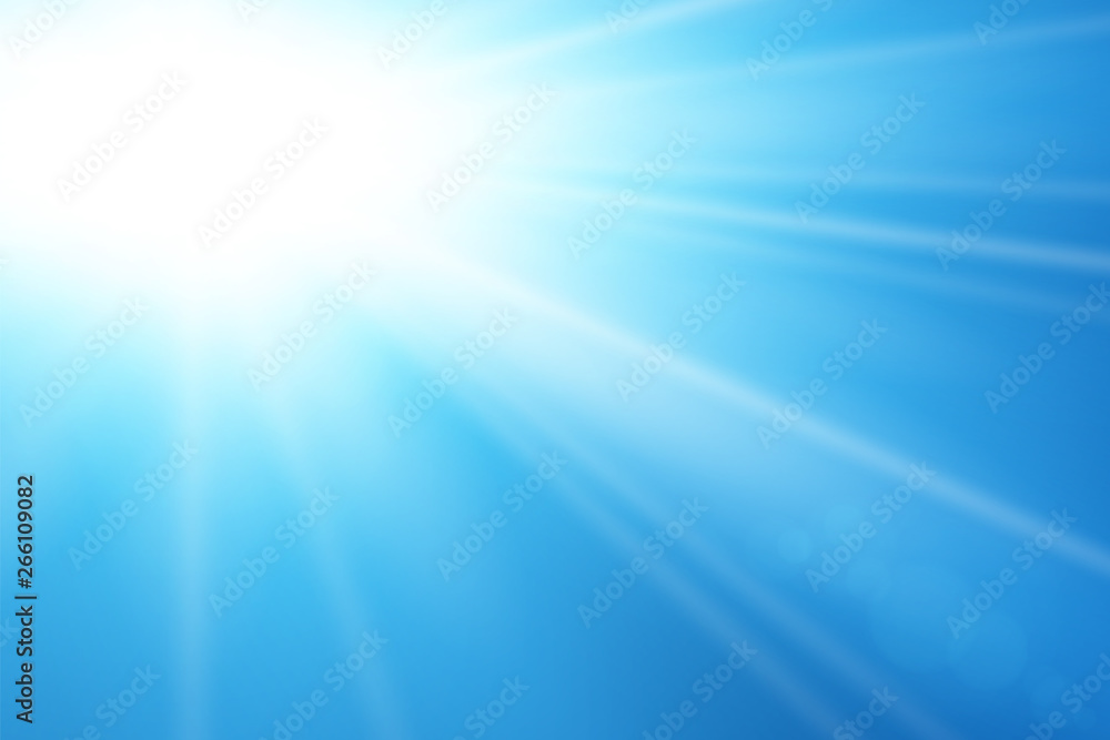 Blue sky sun flare background. Clear summer nature, sunlight weather. Sunshine glare rays, lens. Light sunny spring season. White glow sunrise, sky heaven. Bright sparkle burst. Vector illustration Blue sky sun flare background. Clear summer nature, sunlight weather. Sunshine glare rays, lens. Light sunny spring season. White glow sunrise, sky heaven. Bright sparkle burst. Vector illustration