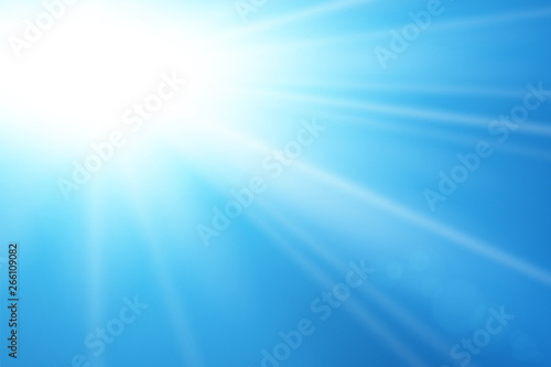 Blue sky sun flare background. Clear summer nature, sunlight weather. Sunshine glare rays, lens. Light sunny spring season. White glow sunrise, sky heaven. Bright sparkle burst. Vector illustration