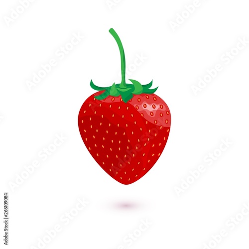 Vector sweet strawberry icon with green leaves. Summer ripe fresh fruit isolated on white background. Realistic strawberry in cartoon style for decorative poster, emblem natural product, farm.