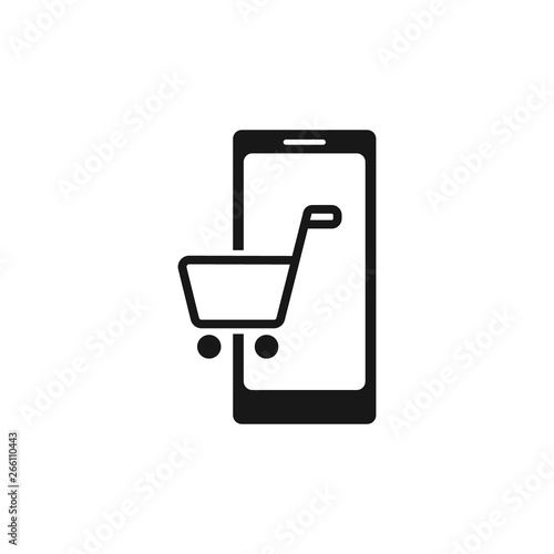 Shopping online on smart phone icon. On-line market sign. Smart shop vector. Flat design.
