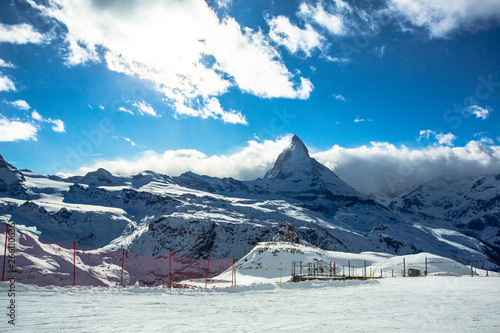 The Matterhorn is a pyramidal shaped mountain of the Swiss Alps, standing at the border between Switzerland and Italy. The mountain is one of the highest peaks in the Alps and Europe. © lowe99