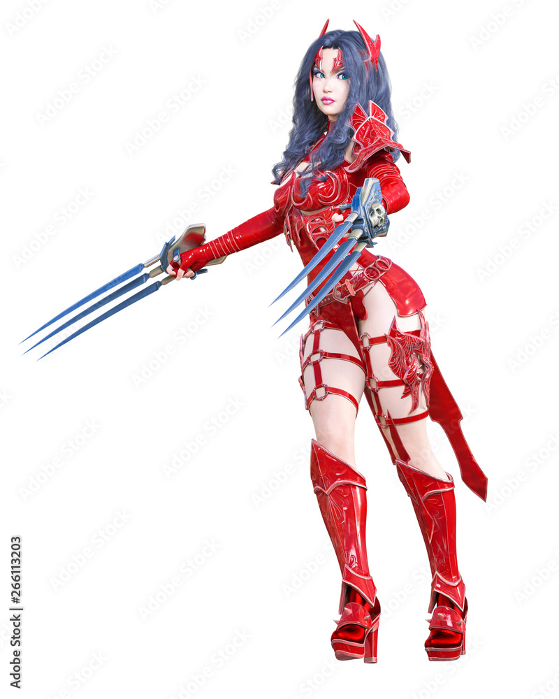 Warrior amazon woman sword and metal blade.Long dark hair.Elven warrior.Comic hero.Muscular athletic body.Girl standing aggressive pose.Conceptual fashion art.3D rendering isolate illustration Warrior amazon woman sword and metal blade.Long dark hair.Elven warrior.Comic hero.Muscular athletic body.Girl standing aggressive pose.Conceptual fashion art.3D rendering isolate illustration