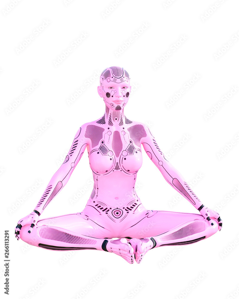 Dance gymnast robot woman. Metal pink droid.Artificial Intelligence.Conceptual fashion art.Realistic 3D render illustration.Studio, isolate, high key. Dance gymnast robot woman. Metal pink droid.Artificial Intelligence.Conceptual fashion art.Realistic 3D render illustration.Studio, isolate, high key.