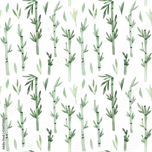 Seamless pattern. Watercolor hand drawn bamboo trees. Isolated on white background. Painted watercolor illustration