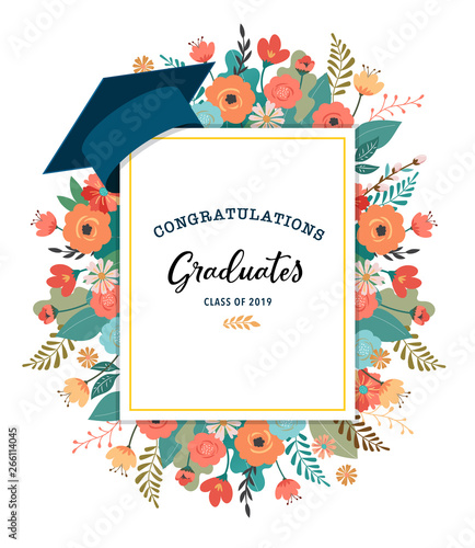 Graduate class of 2019. Caps and flowers on a white background. Vector illustration, banner design