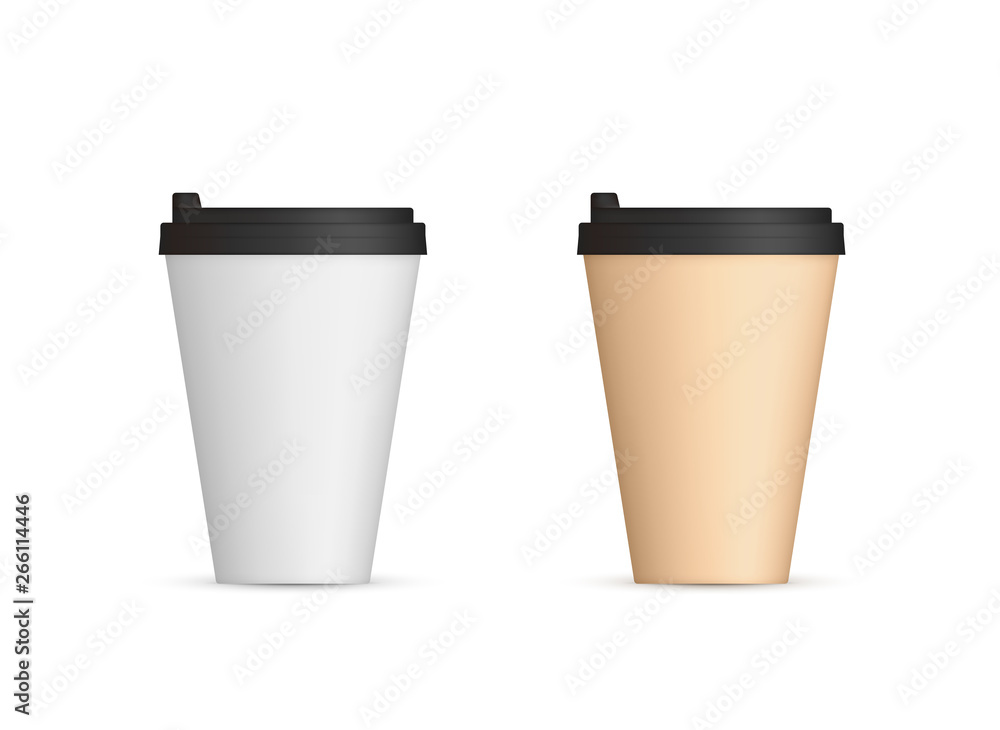 Realistic paper coffee cups with lid front view. Coffee to go blank. Vector illustration isolated on white background Realistic paper coffee cups with lid front view. Coffee to go blank. Vector illustration isolated on white background