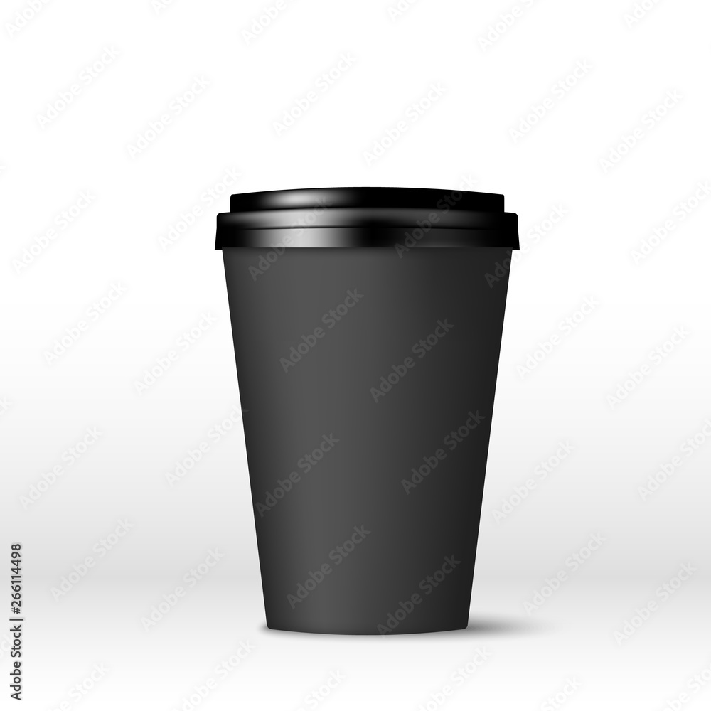 Black paper coffee cup with lid. Coffee to go empty mock up. Vector illustration isolated on white background Black paper coffee cup with lid. Coffee to go empty mock up. Vector illustration isolated on white background