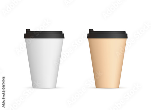 Realistic paper coffee cups with lid front view. Coffee to go blank. Vector illustration isolated on white background