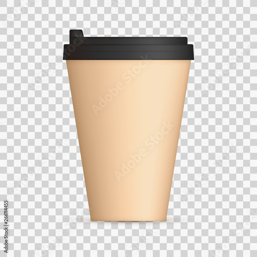 Coffee Cap with black lid mock up. Empty mug template with space for logo or text. Vector illustration isolated on transparent background
