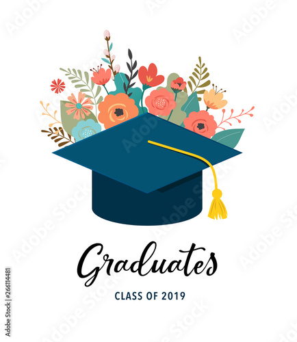 Graduate class of 2019. Caps and flowers on a white background. Vector illustration, banner design