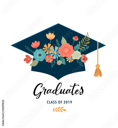 Graduate class of 2019. Caps and flowers on a white background. Vector illustration, banner design