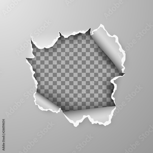 Torn hole in sheet of gray paper on transparent background with space for text. Vector illustration