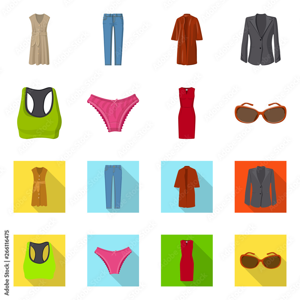 Vector illustration of woman and clothing sign. Collection of woman and wear stock symbol for web. Vector illustration of woman and clothing sign. Collection of woman and wear stock symbol for web.