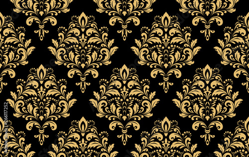 Wallpaper in the style of Baroque. Seamless vector background. Gold and black floral ornament. Graphic pattern for fabric, wallpaper, packaging. Ornate Damask flower ornament