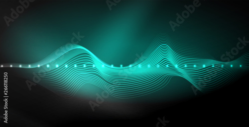 Glowing abstract wave on dark, shiny motion, magic space light. Techno abstract background