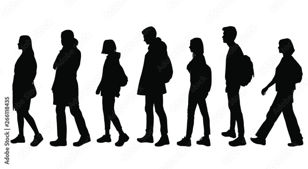 Set of vector silhouettes of  men and a women profile, a group of walking business people, black color isolated on white background