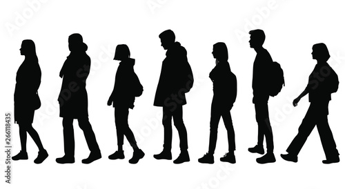 Set of vector silhouettes of  men and a women profile, a group of walking business people, black color isolated on white background