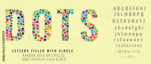 Set of letters made of colored dots or filled with circles. Creative fonts with capital, small letters, numbers and symbols. Vector illustration.