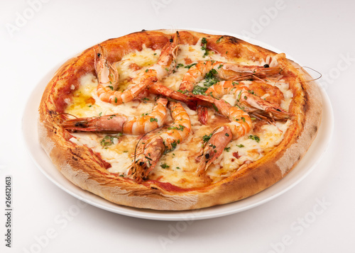 Whole seafood pizza with big shrimps