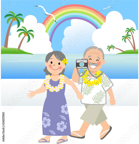 リゾート地に旅行にシニアカップル