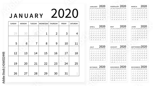Mockup Simple calendar Layout for 2020 year. Week starts from Sunday