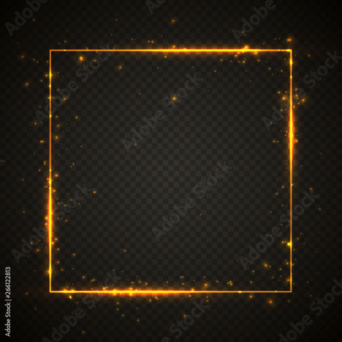 Gold shiny glitter glowing vintage frame with lights effects. Shining square banner on black transparent background. Vector illustration
