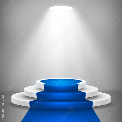 Round stage podium with light. Stage vector backdrop. Festive podium scene with blue carpet for award ceremony. Vector illustration