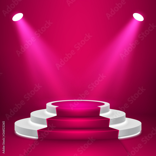 Round stage podium with light. Stage vector backdrop. Festive podium scene with red carpet for award ceremony. Vector illustration