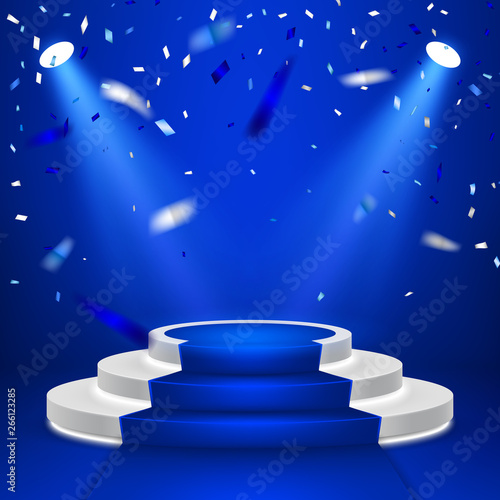 Round stage podium. Stage vector backdrop. Festive podium scene with blue carpet and confetti for award ceremony. Vector illustration