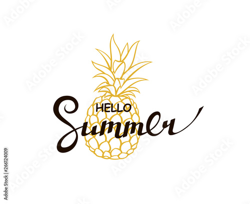 emblem of hello summer lettering with pineapple isolated on white background