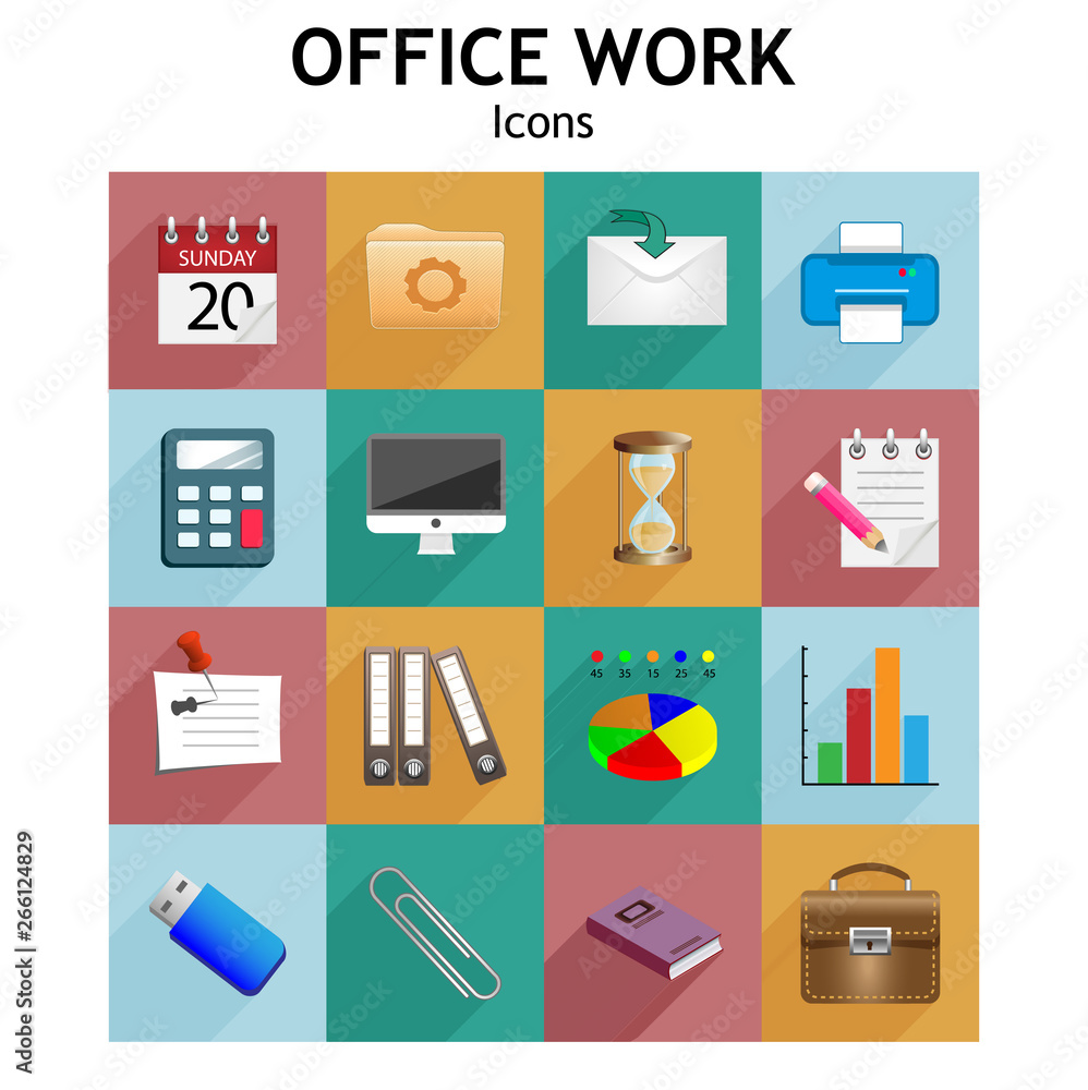 Web icons with long shadow on the theme of office and business. Vector set Web icons with long shadow on the theme of office and business. Vector set