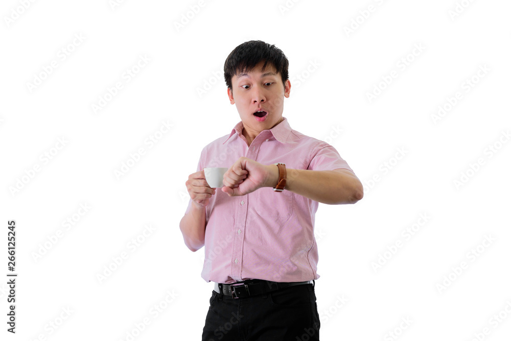 Asian young businessman has standing and check working time with shocked on isolated on wihte background. Asian young businessman has standing and check working time with shocked on isolated on wihte background.