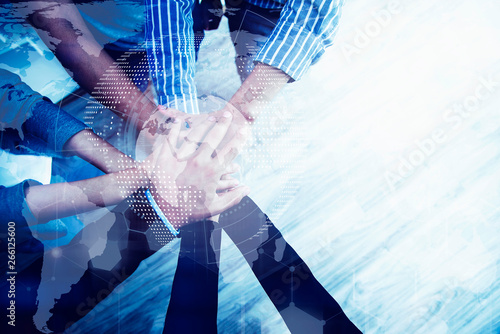 Teamwork concept. Business peoples putting their hands together in top view. Stack of hands for unity and team. Success business.