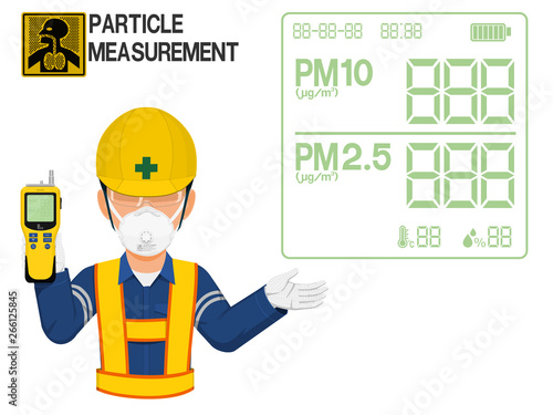 An Industrial worker with respirator is presenting display screen of the gas detector