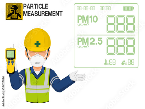 An Industrial worker with dust mask is presenting display screen of the particle detector