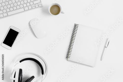 The office desk and equipment for working with coffee in top view and isolated on white background flat ray concept.
