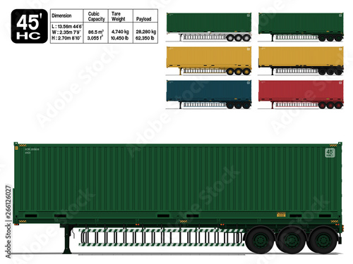 Isolated container 45 Ft(standard) on trailer on transparent background