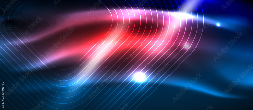 Neon glowing techno lines, hi-tech futuristic abstract background template with square shapes Neon glowing techno lines, hi-tech futuristic abstract background template with square shapes