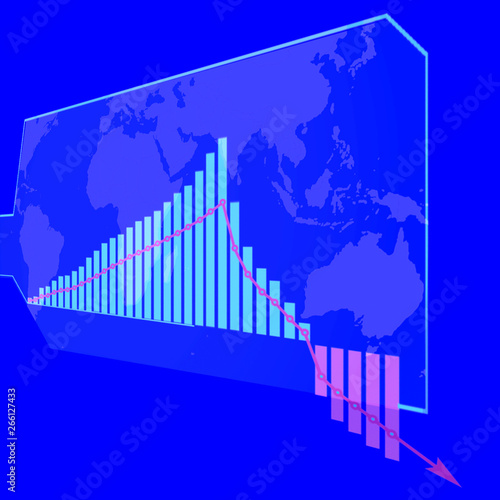 Global recession concept with a world map backdrop on a blue background