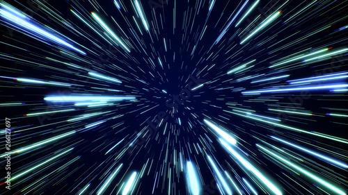 Hyperspace jump through the stars to a distant space. Speed of light, neon glowing rays in motion. Lightspeed space journey through time continuum. Warp journey in wormhole 3D illustration